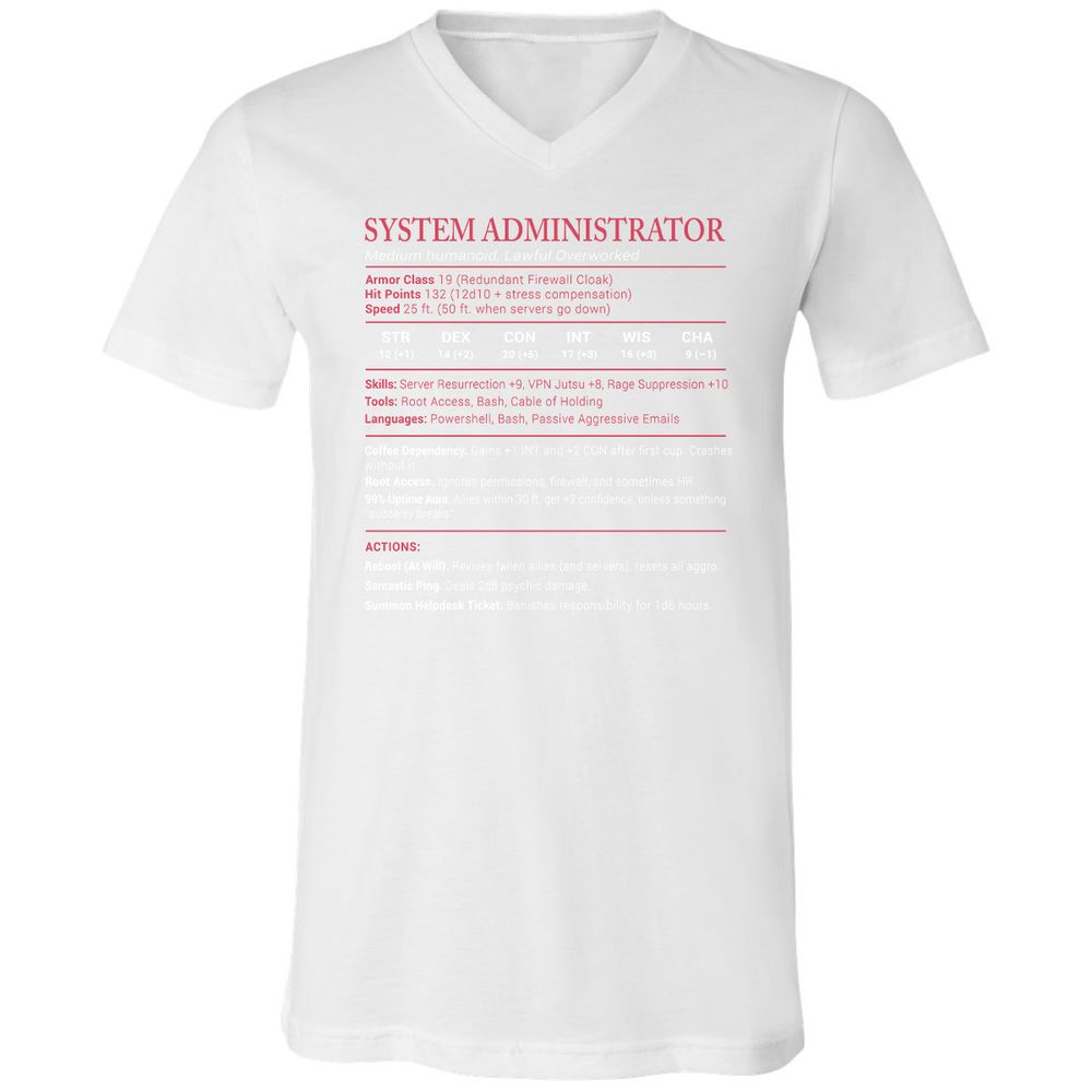 System Administrator Stats Unisex V-Neck T-Shirt - White - 5
