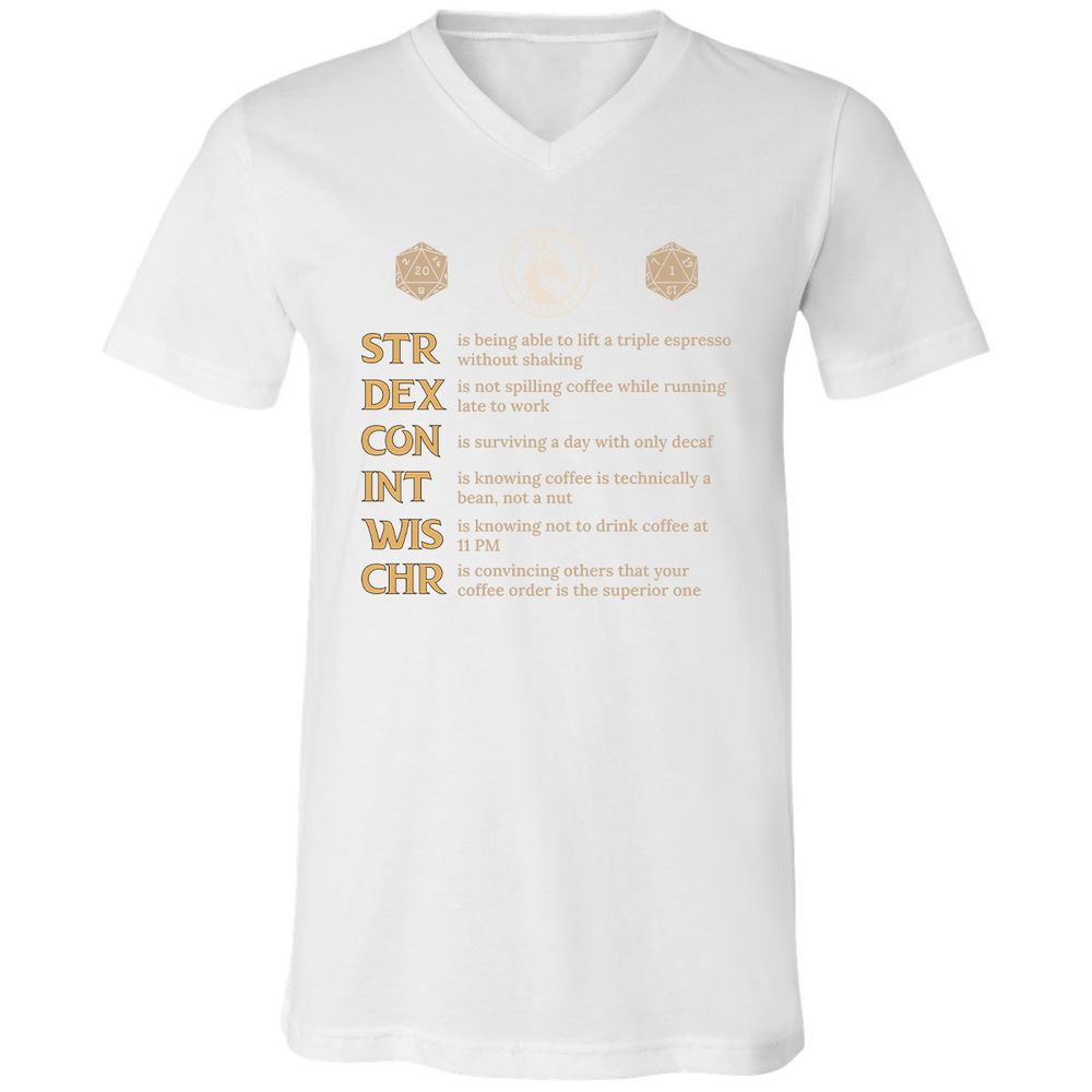 Coffee & Dragons RPG Stats Unisex V-Neck T-Shirt - White - 5