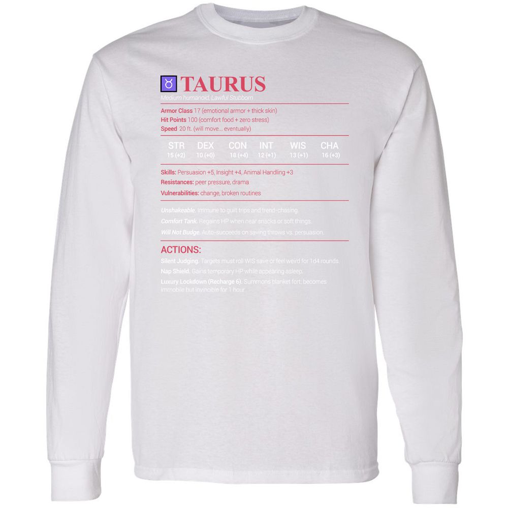 Taurus Stats Long Sleeve T-Shirt - White - 5
