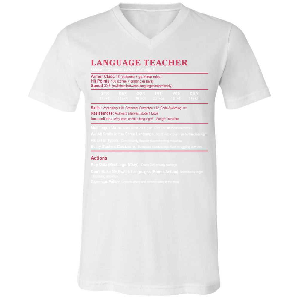 Language Teacher Unisex V-Neck T-Shirt - White - 5