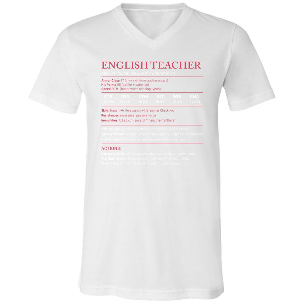 English Teacher Stats Unisex V-Neck T-Shirt - White - 5