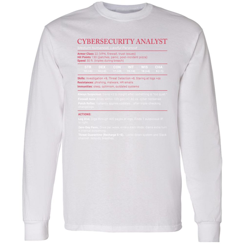 Cybersecurity Analyst Stats Long Sleeve T-Shirt - White - 5
