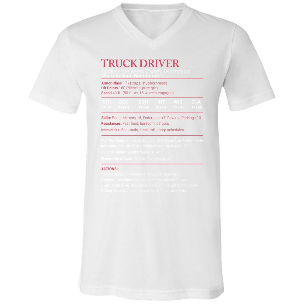 Truck Driver Stats Unisex V-Neck T-Shirt - White - 5