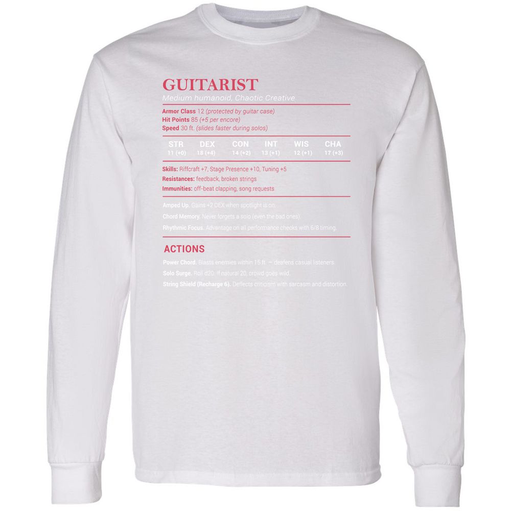 Guitarist Stats Long Sleeve T-Shirt - White - 5