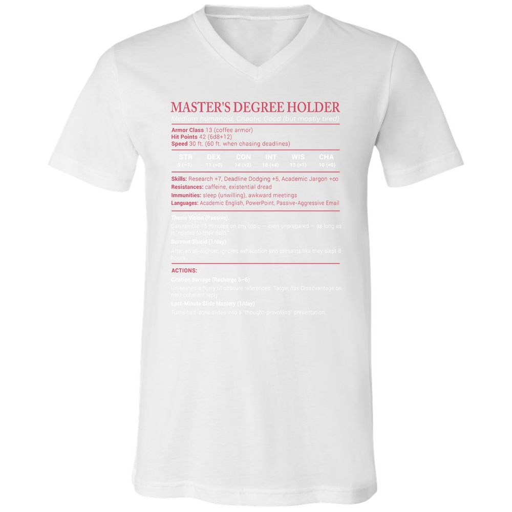 Master Degree's Holder Stats Unisex V-Neck T-Shirt - White - 5