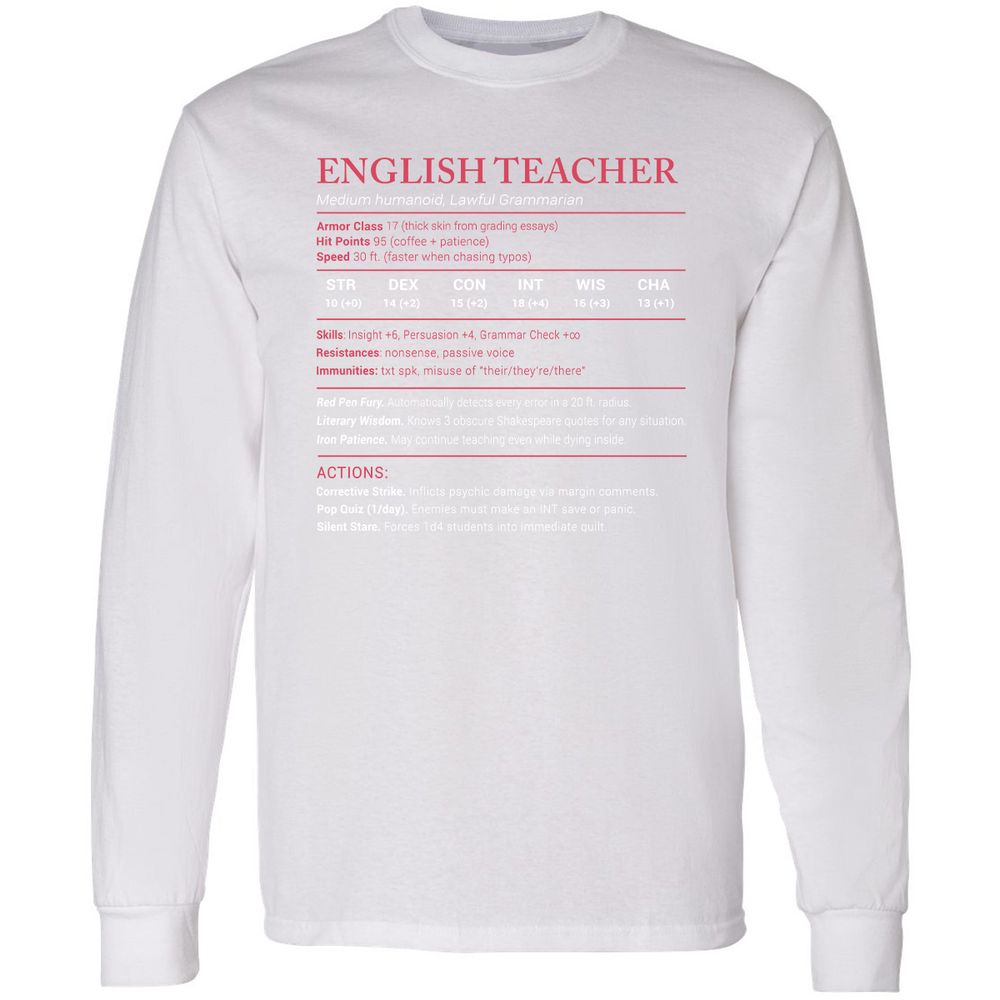 English Teacher Stats Long Sleeve T-Shirt - White - 5