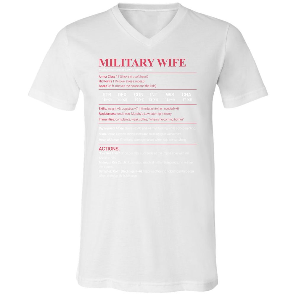 Military Wife Stats Unisex V-Neck T-Shirt - White - 5
