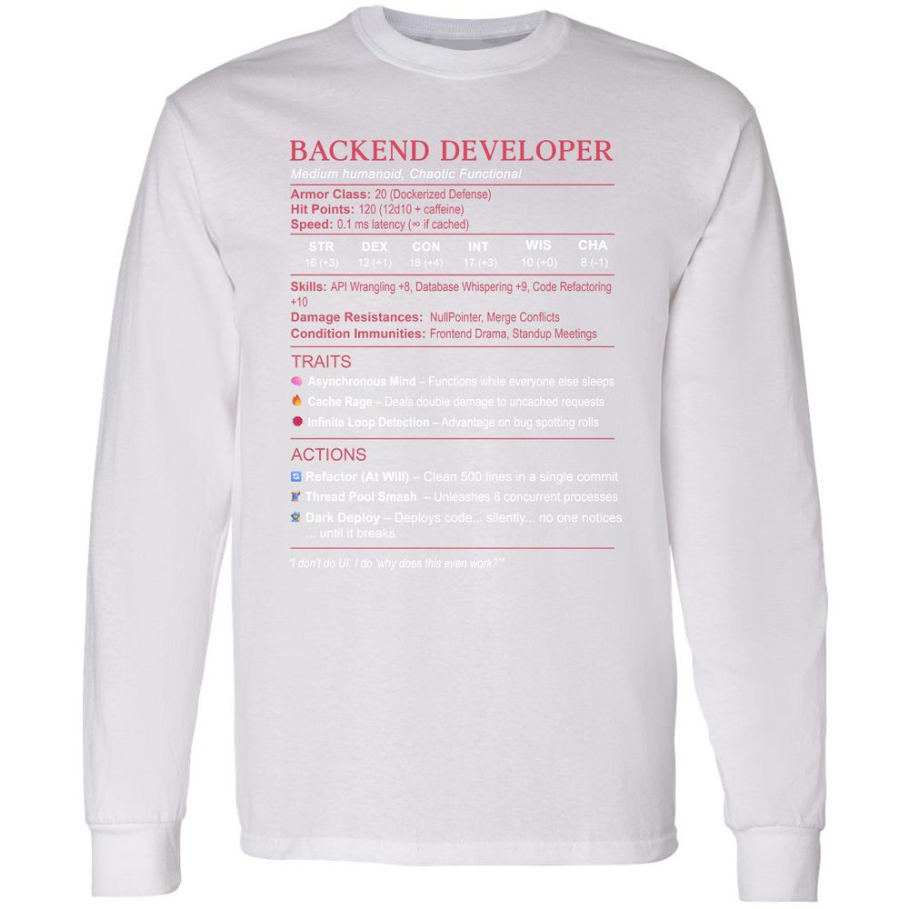Backend Developer Stats Long Sleeve T-Shirt - White - 5