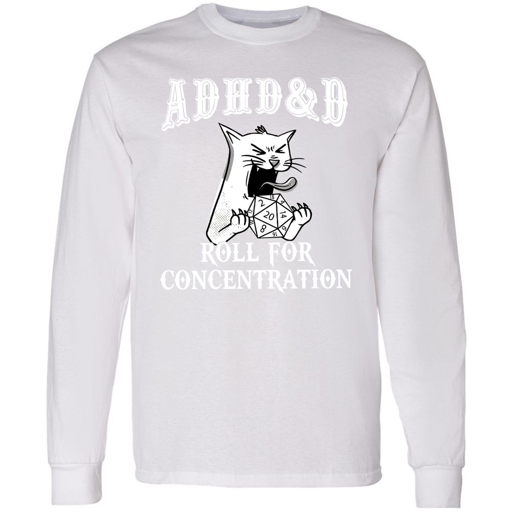 Cat ADHD&D Roll For Concentration Long Sleeve T-Shirt - White - 5