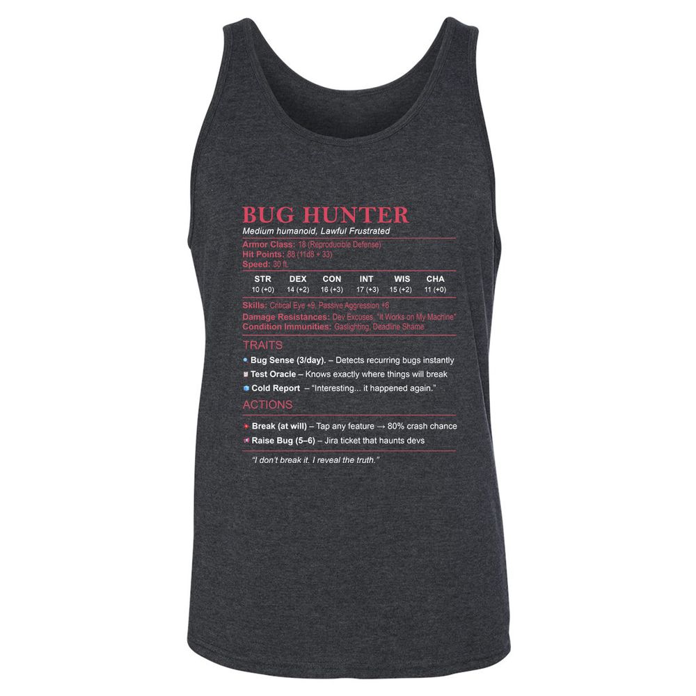 Tester Stats (Bug Hunter) Unisex Jersey Tank - Dark Grey Heather - 6