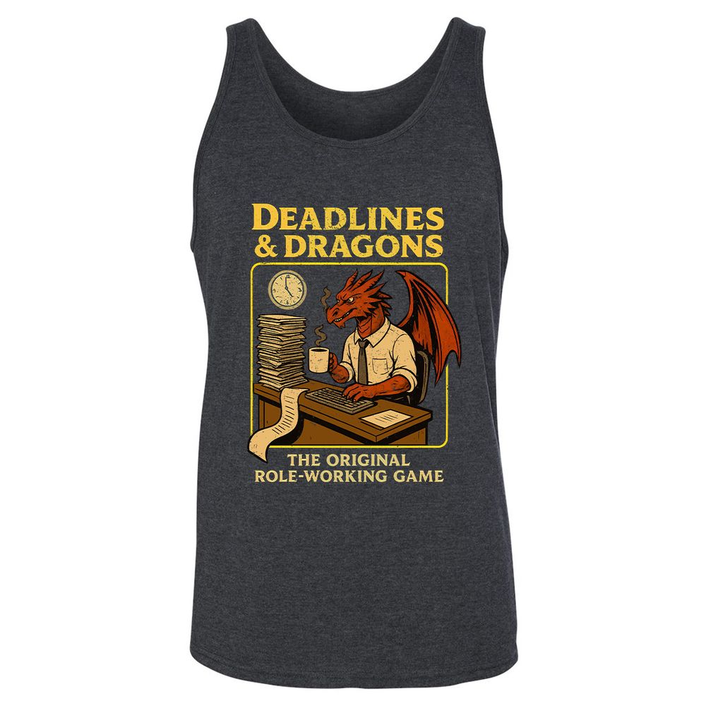 Deadlines & Dragons (Office Staff) Unisex Jersey Tank - Dark Grey Heather - 6