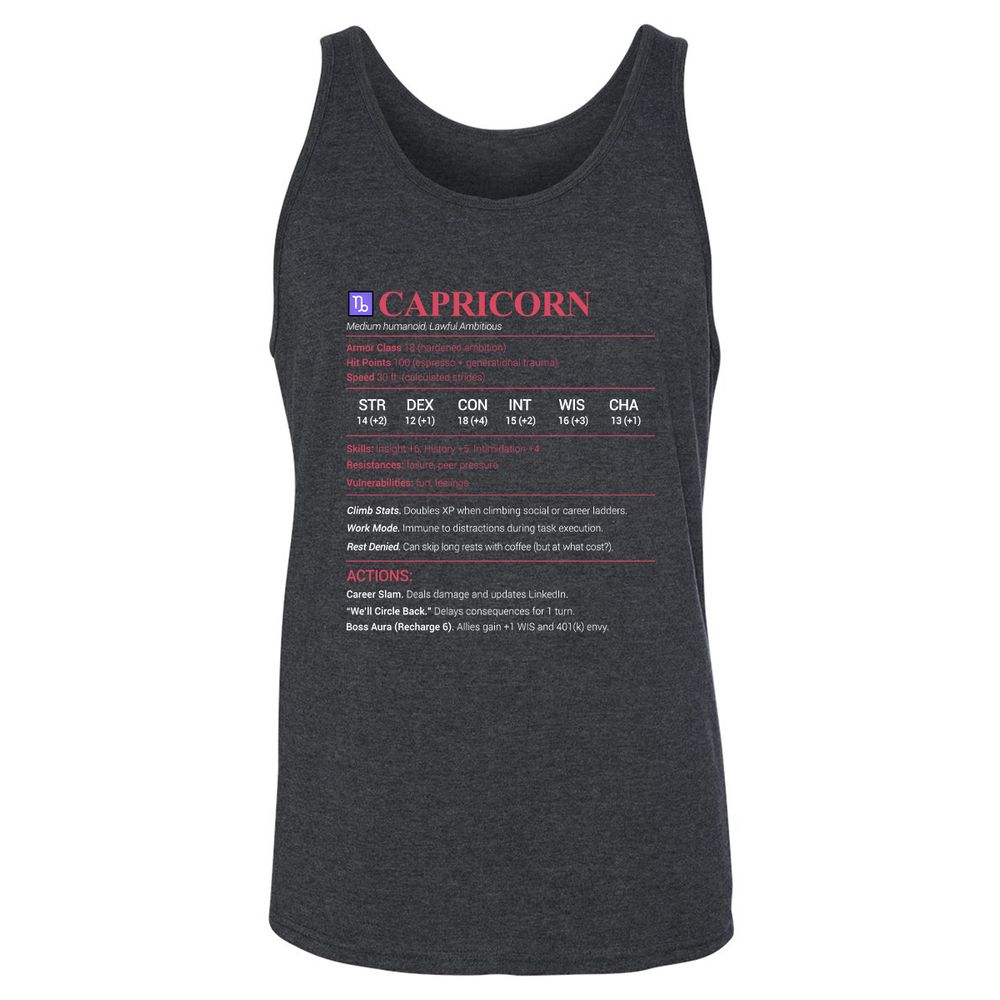 Capricorn Stats Unisex Jersey Tank - Dark Grey Heather - 6