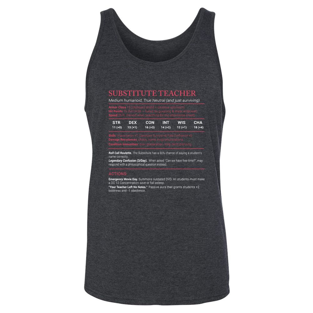 Substitute Teacher Stats Unisex Jersey Tank - Dark Grey Heather - 6