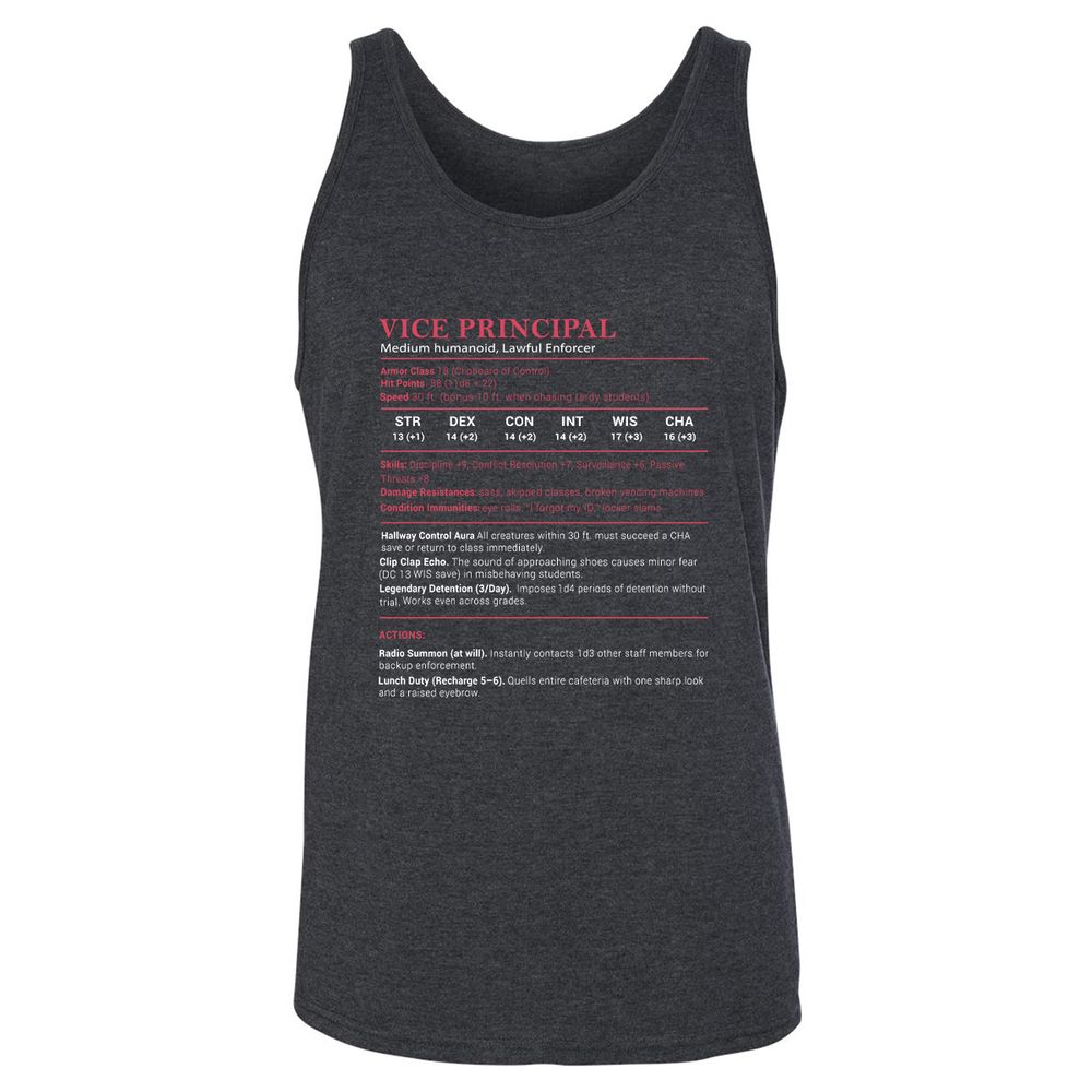 Vice Principal Stats Unisex Jersey Tank - Dark Grey Heather - 6