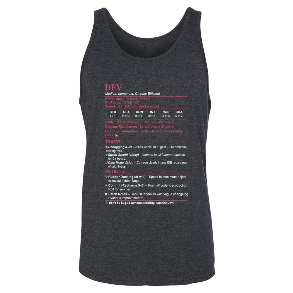 DEV Stats Unisex Jersey Tank - Dark Grey Heather - 6