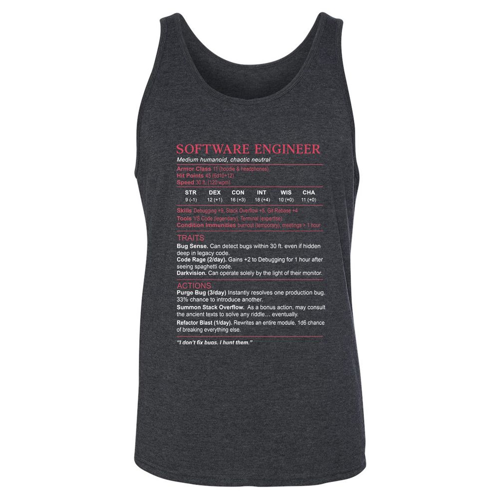 Software Engineer Stats Unisex Jersey Tank - Dark Grey Heather - 6