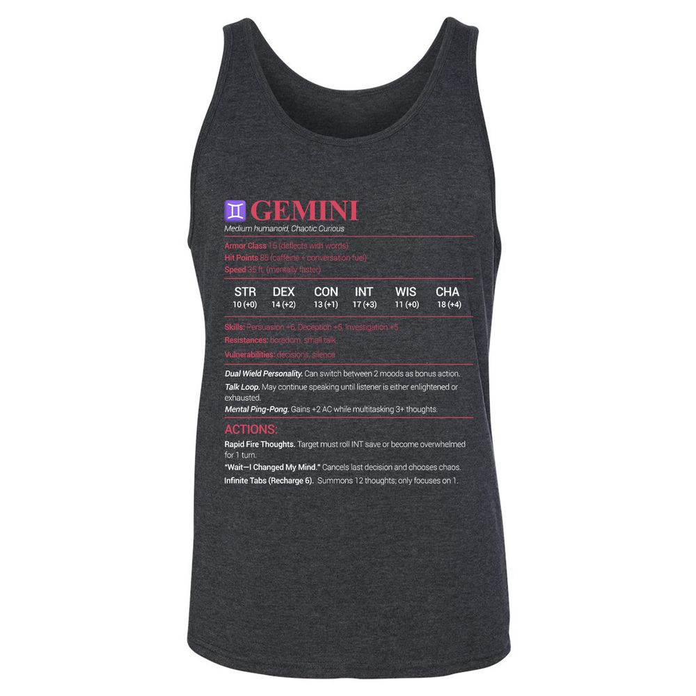 Gemini Stats Unisex Jersey Tank - Dark Grey Heather - 6