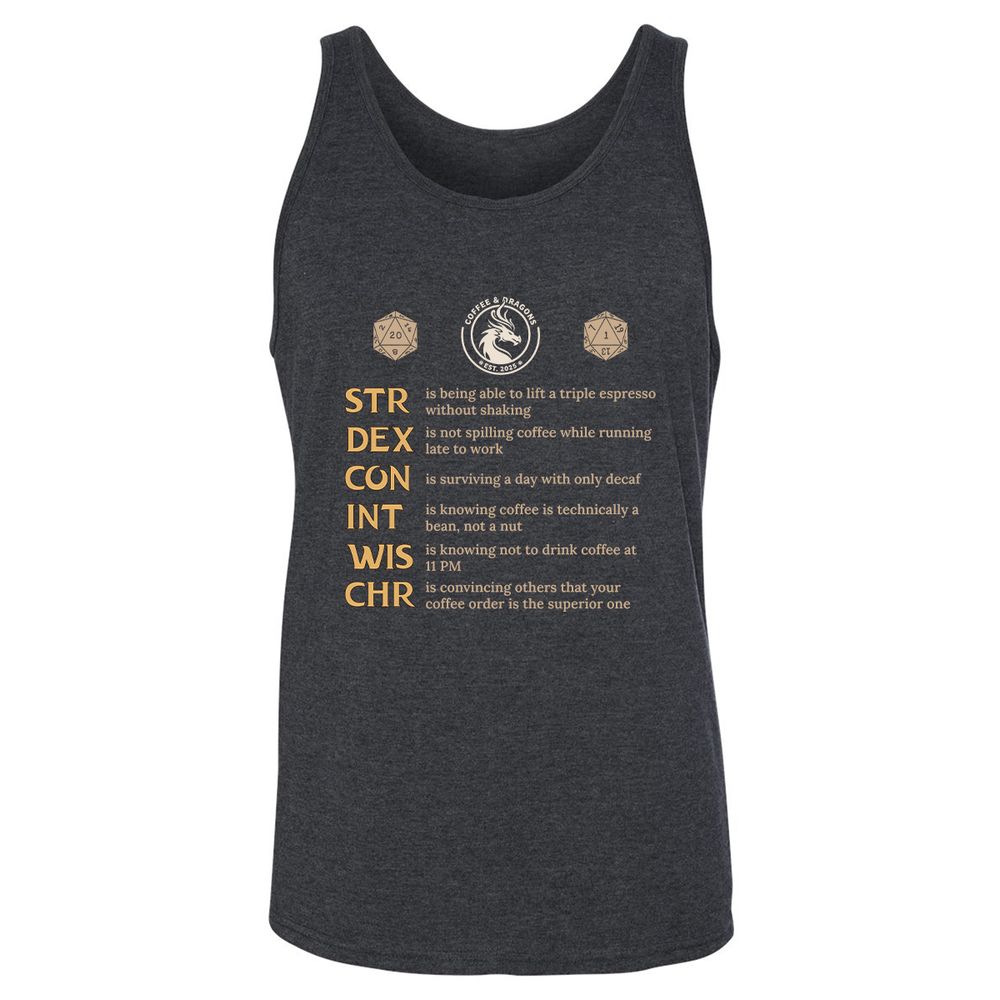 Coffee & Dragons RPG Stats Unisex Jersey Tank - Dark Grey Heather - 6