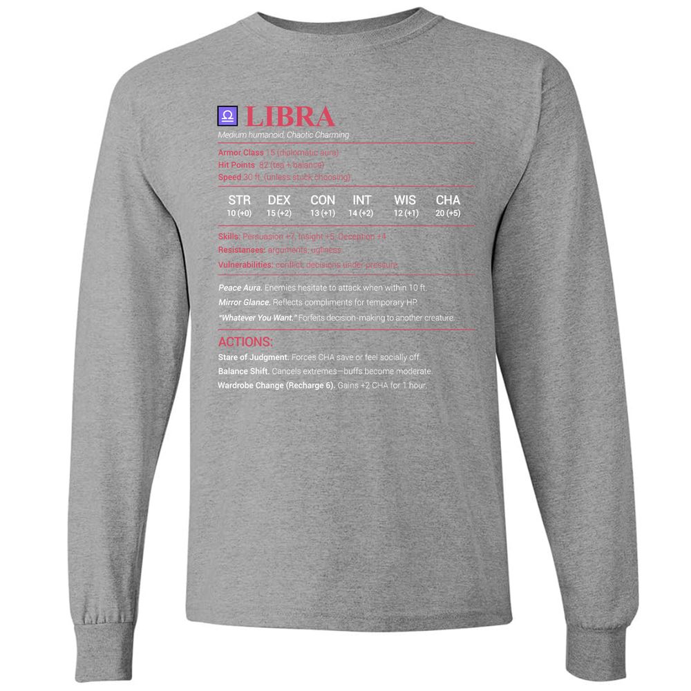 Libra Stats Long Sleeve T-Shirt - Graphite Heather - 6