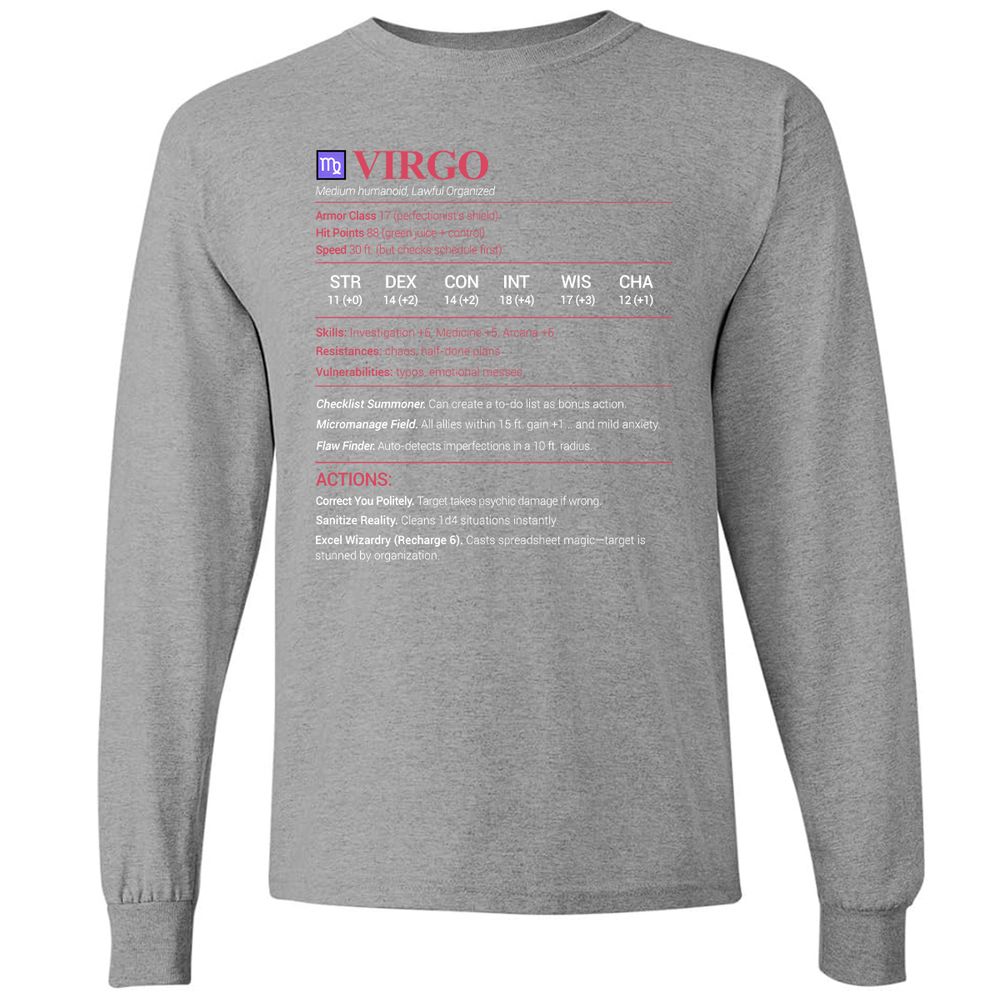 Virgo Stats Long Sleeve T-Shirt - Graphite Heather - 6