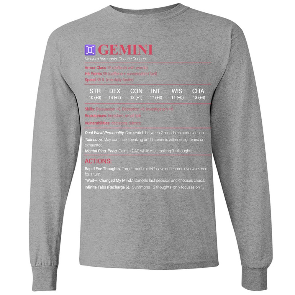 Gemini Stats Long Sleeve T-Shirt - Graphite Heather - 6