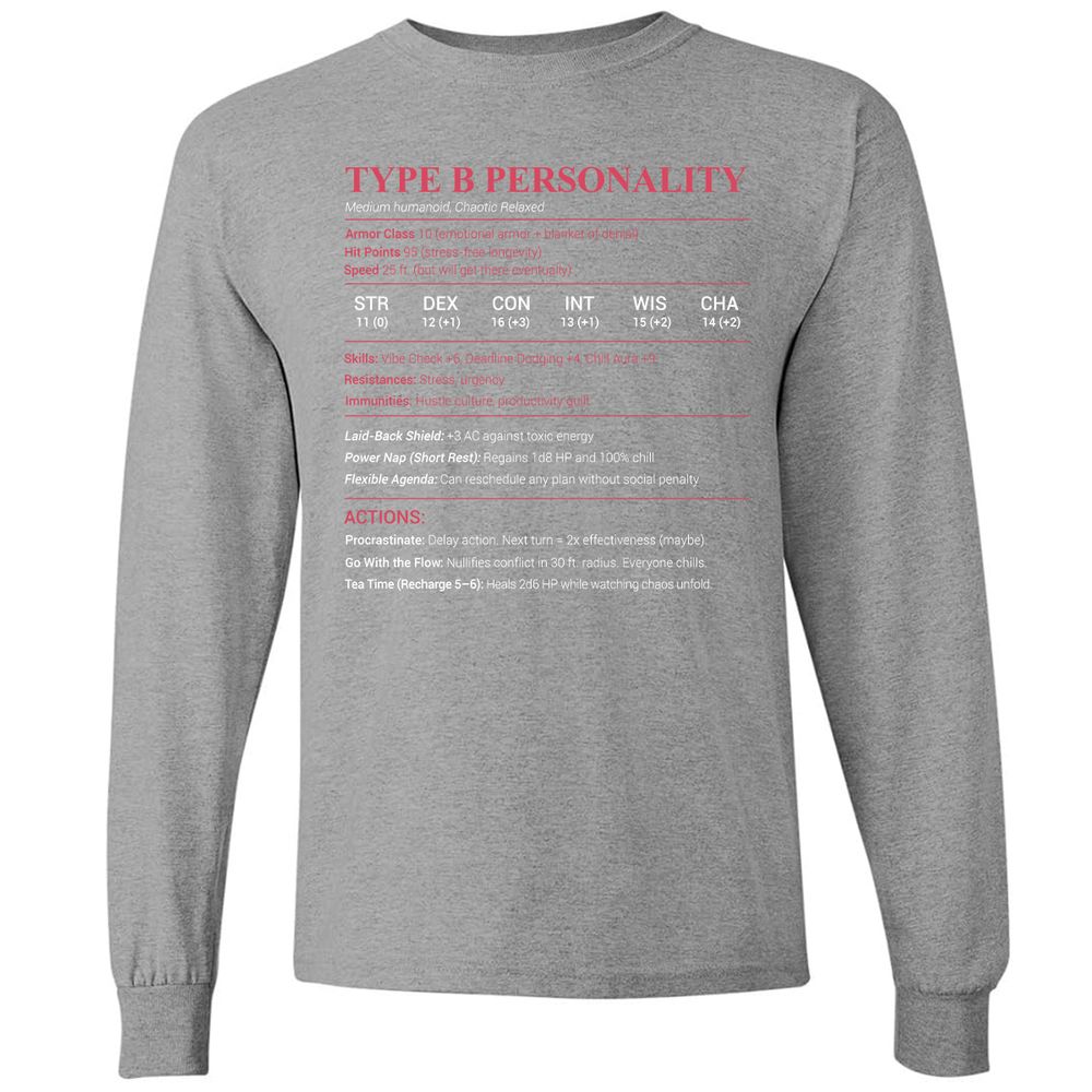 Type B Stats Long Sleeve T-Shirt - Graphite Heather - 6