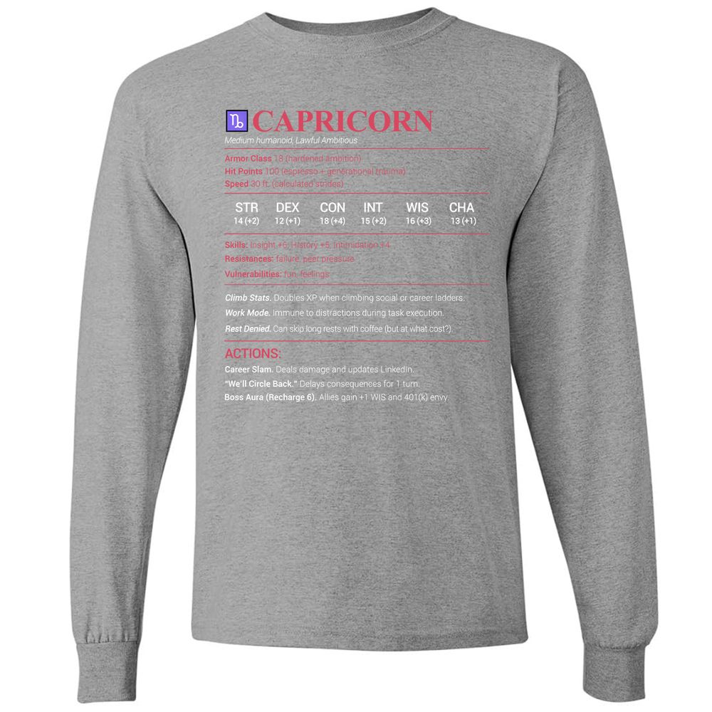Capricorn Stats Long Sleeve T-Shirt - Graphite Heather - 6