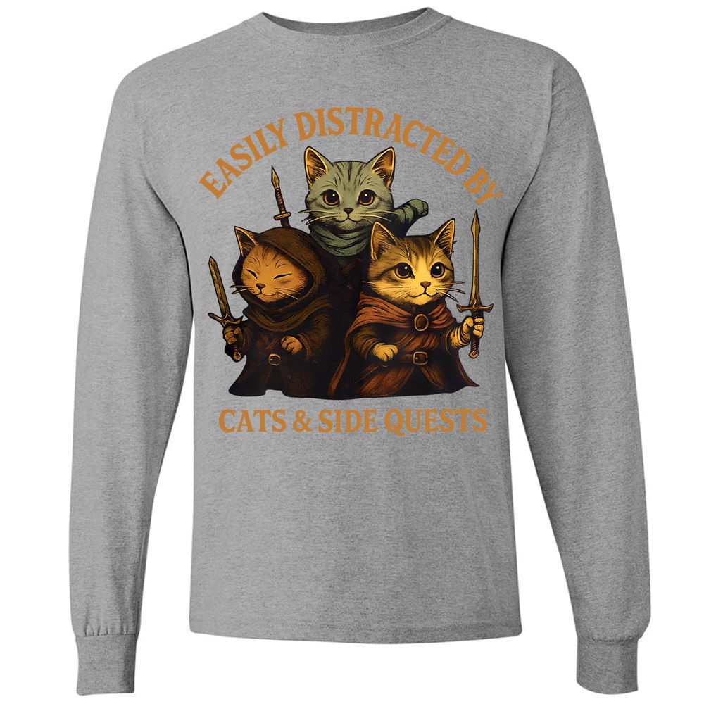 Easily Distracted By Cats & Side Quests Long Sleeve T-Shirt - Graphite Heather - 6