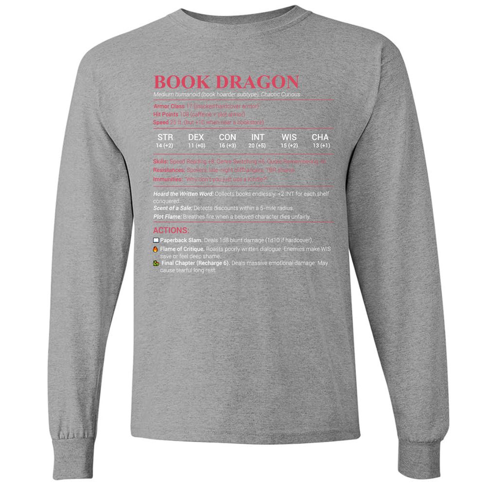 Book Dragon Stats Long Sleeve T-Shirt - Graphite Heather - 6