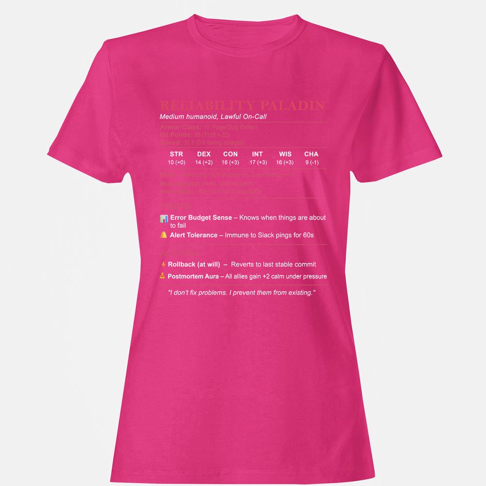 SRE Stats (Reliability Paladin) Women's T-Shirt - Heliconia - 6