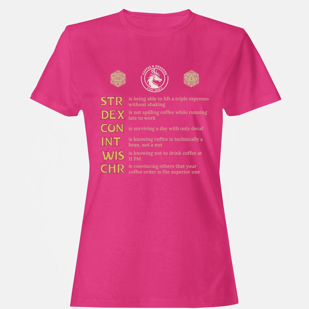 Coffee & Dragons RPG Stats Women's T-Shirt - Heliconia - 6