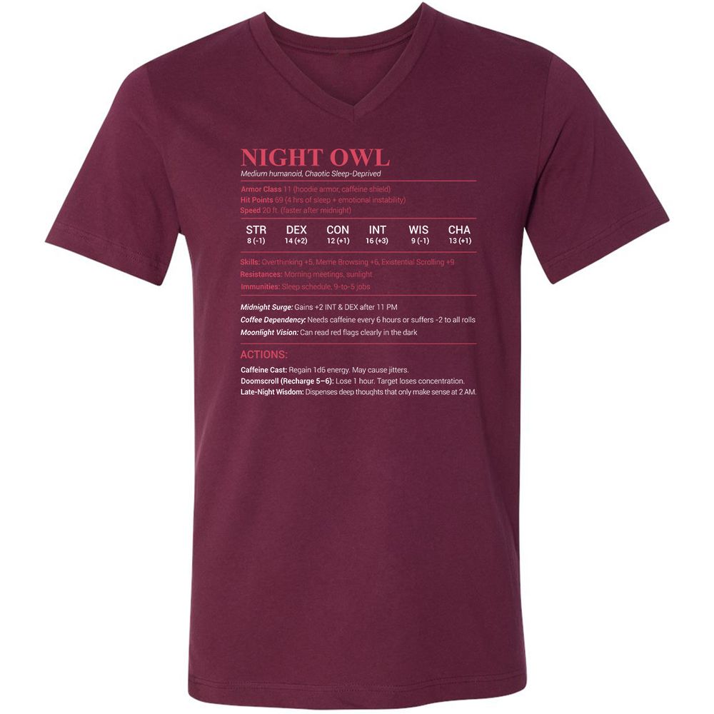 Night Owl Stats Unisex V-Neck T-Shirt - Maroon - 6