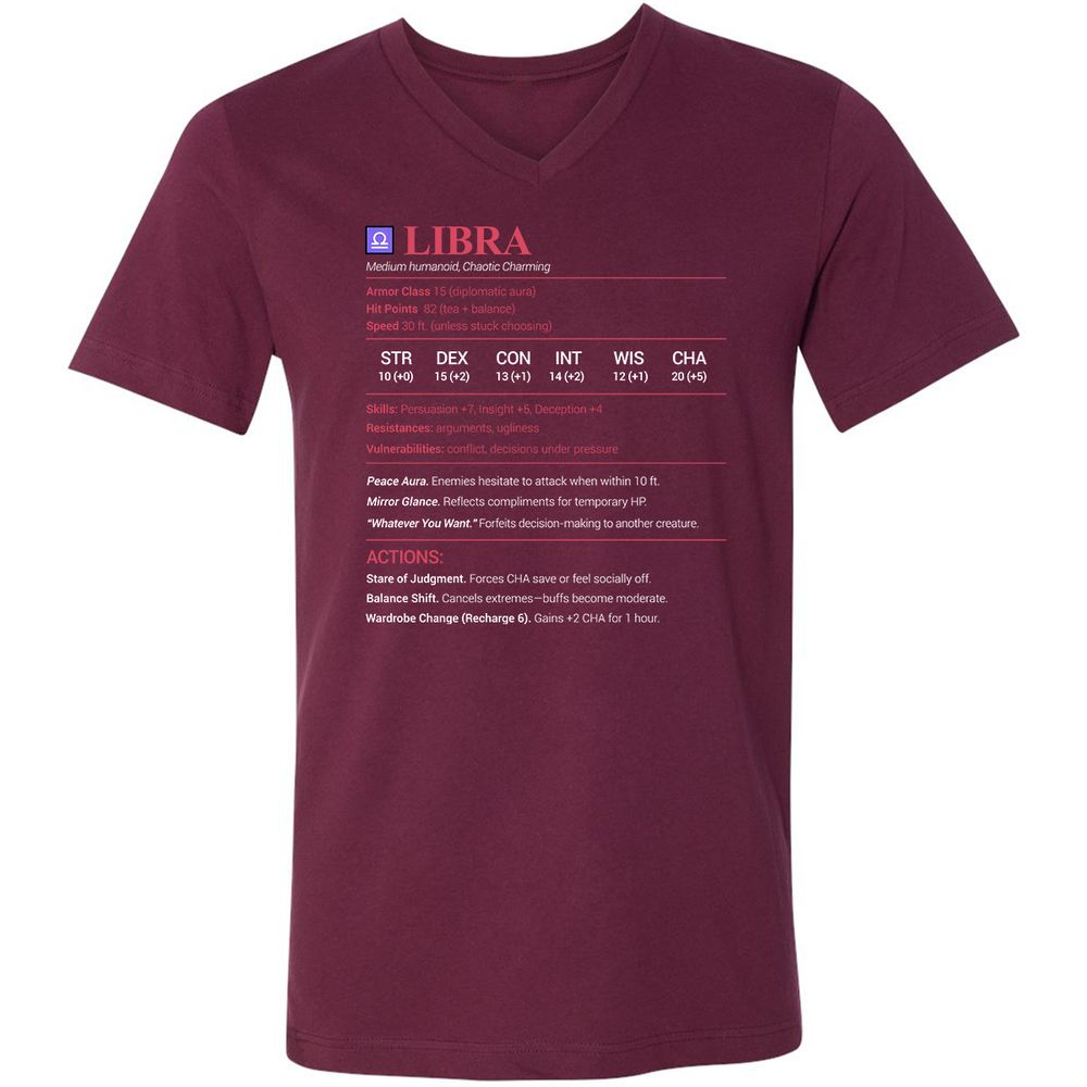 Libra Stats Unisex V-Neck T-Shirt - Maroon - 6