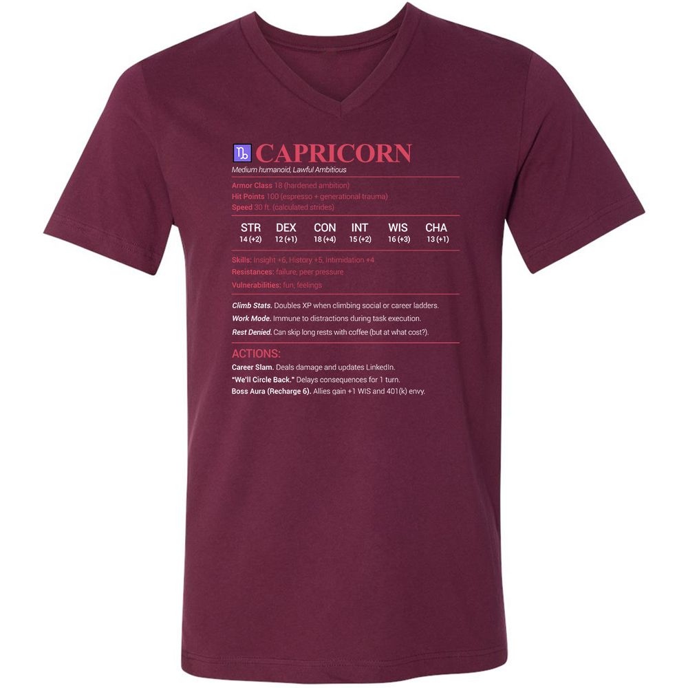 Capricorn Stats Unisex V-Neck T-Shirt - Maroon - 6