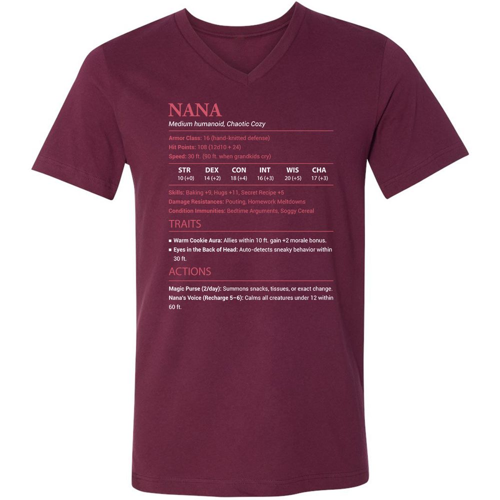 Nana Stats Unisex V-Neck T-Shirt - Maroon - 6