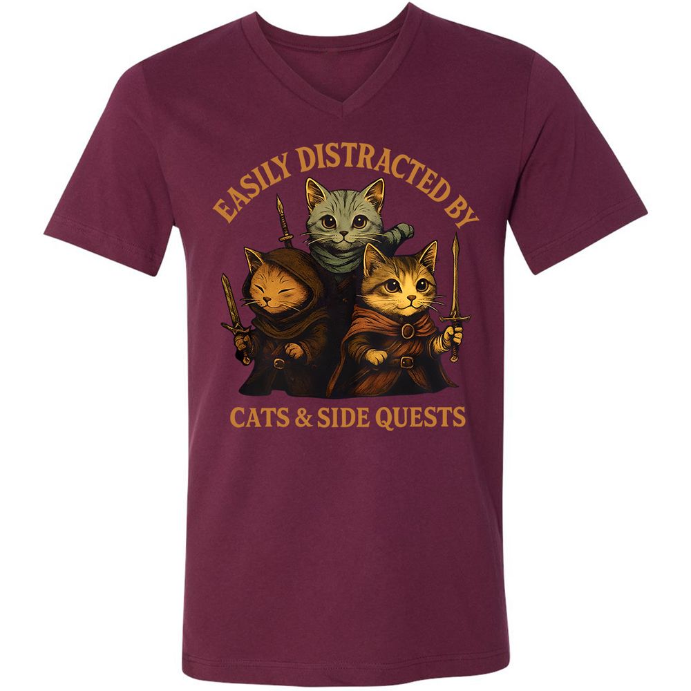 Easily Distracted By Cats & Side Quests Unisex V-Neck T-Shirt - Maroon - 6