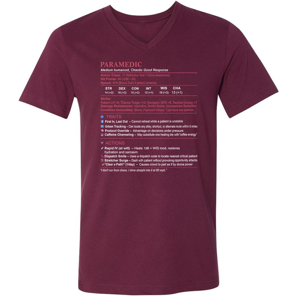 Paramedic Stats Unisex V-Neck T-Shirt - Maroon - 6