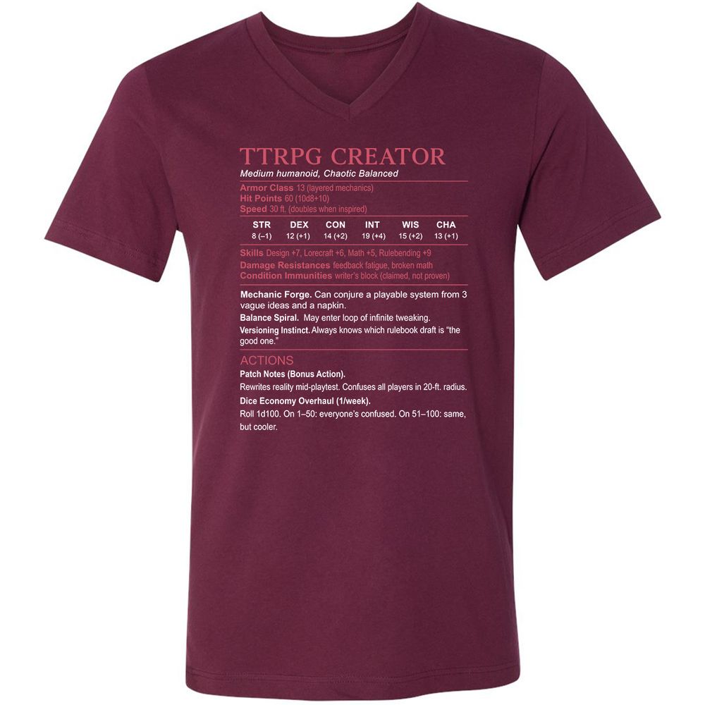 TTRPG Creator Stats Unisex V-Neck T-Shirt - Maroon - 6
