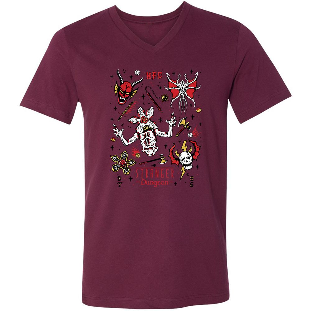 STRANGER DUNGEON Unisex V-Neck T-Shirt - Maroon - 6