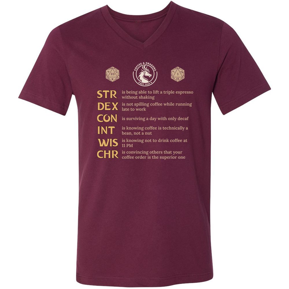 Coffee & Dragons RPG Stats Unisex V-Neck T-Shirt - Maroon - 6