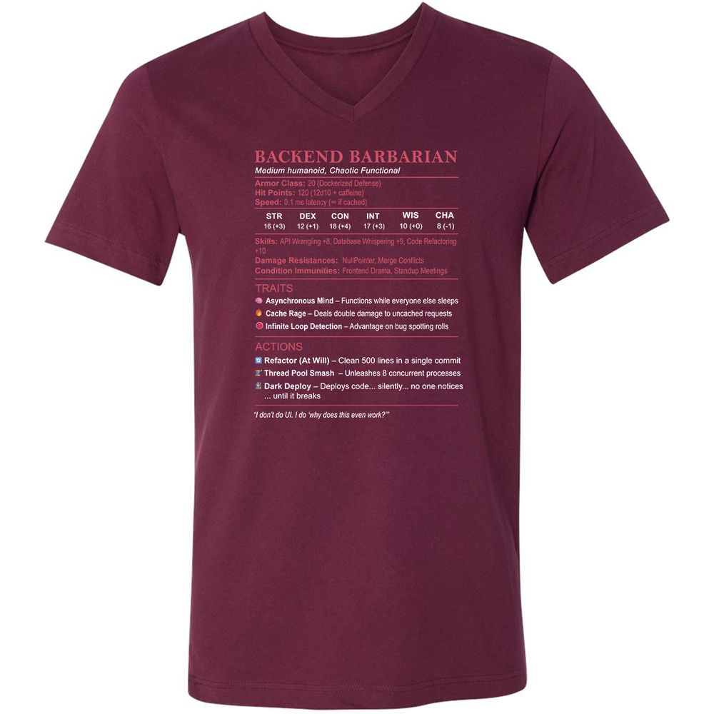Backend Barbarian Stats Unisex V-Neck T-Shirt - Maroon - 6
