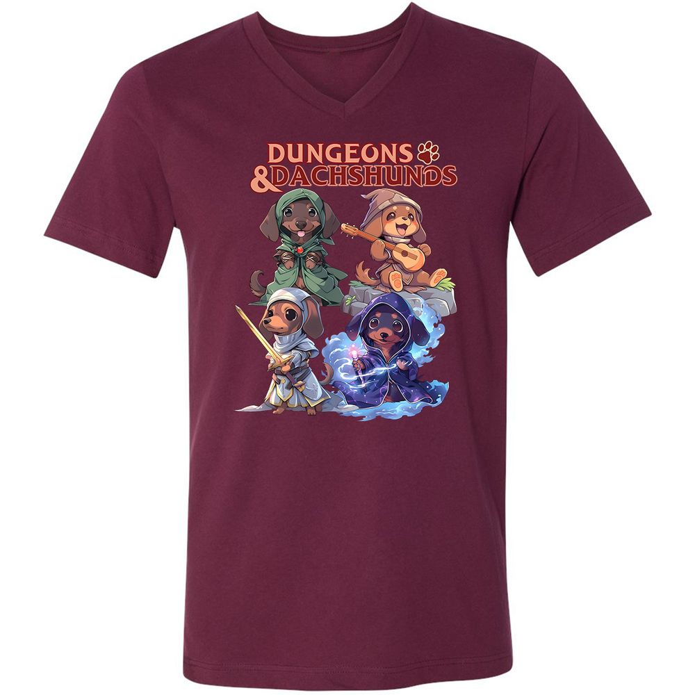 Dungeons & Dachshunds Unisex V-Neck T-Shirt - Maroon - 6