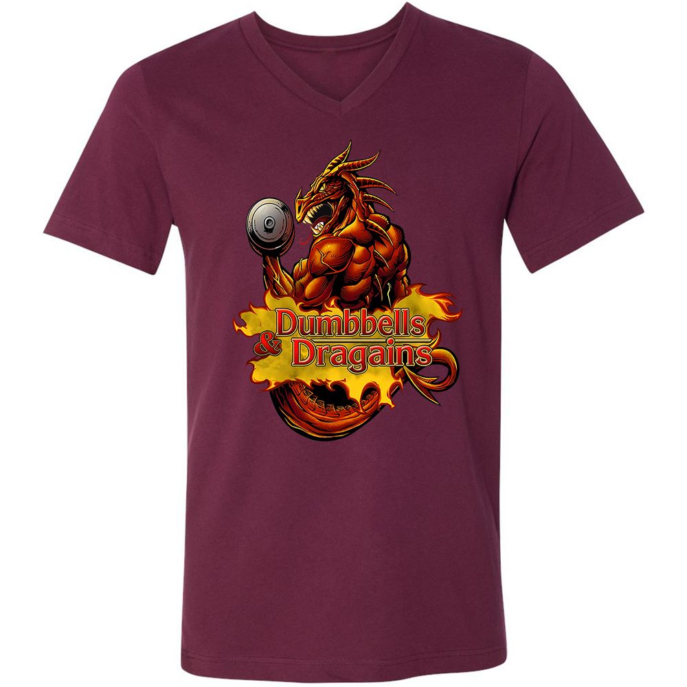 Dumbbells & Dragains Unisex V-Neck T-Shirt - Maroon - 6