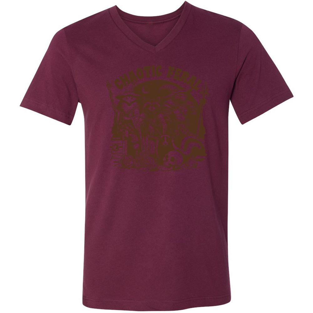 Raccoon Chaotic Feral Unisex V-Neck T-Shirt - Maroon - 6