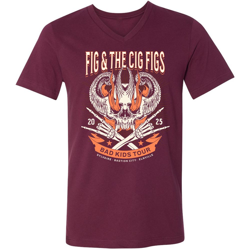 Fig and the Cig Figs, Dimension 20 Unisex V-Neck T-Shirt - Maroon - 6