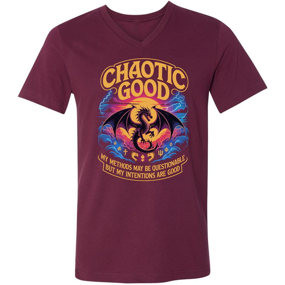 Chaotic Good Unisex V-Neck T-Shirt - Maroon - 6
