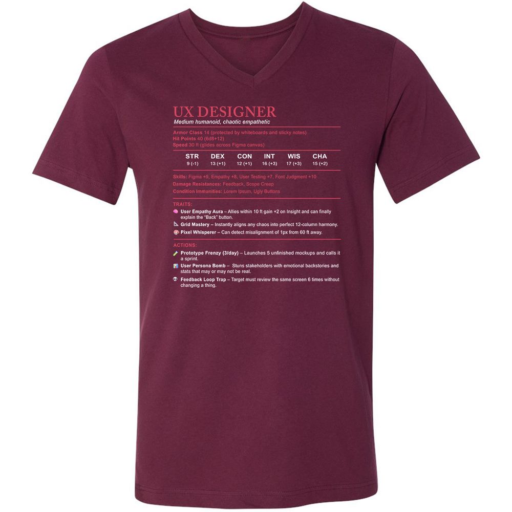 UX Designer Stats Unisex V-Neck T-Shirt - Maroon - 6