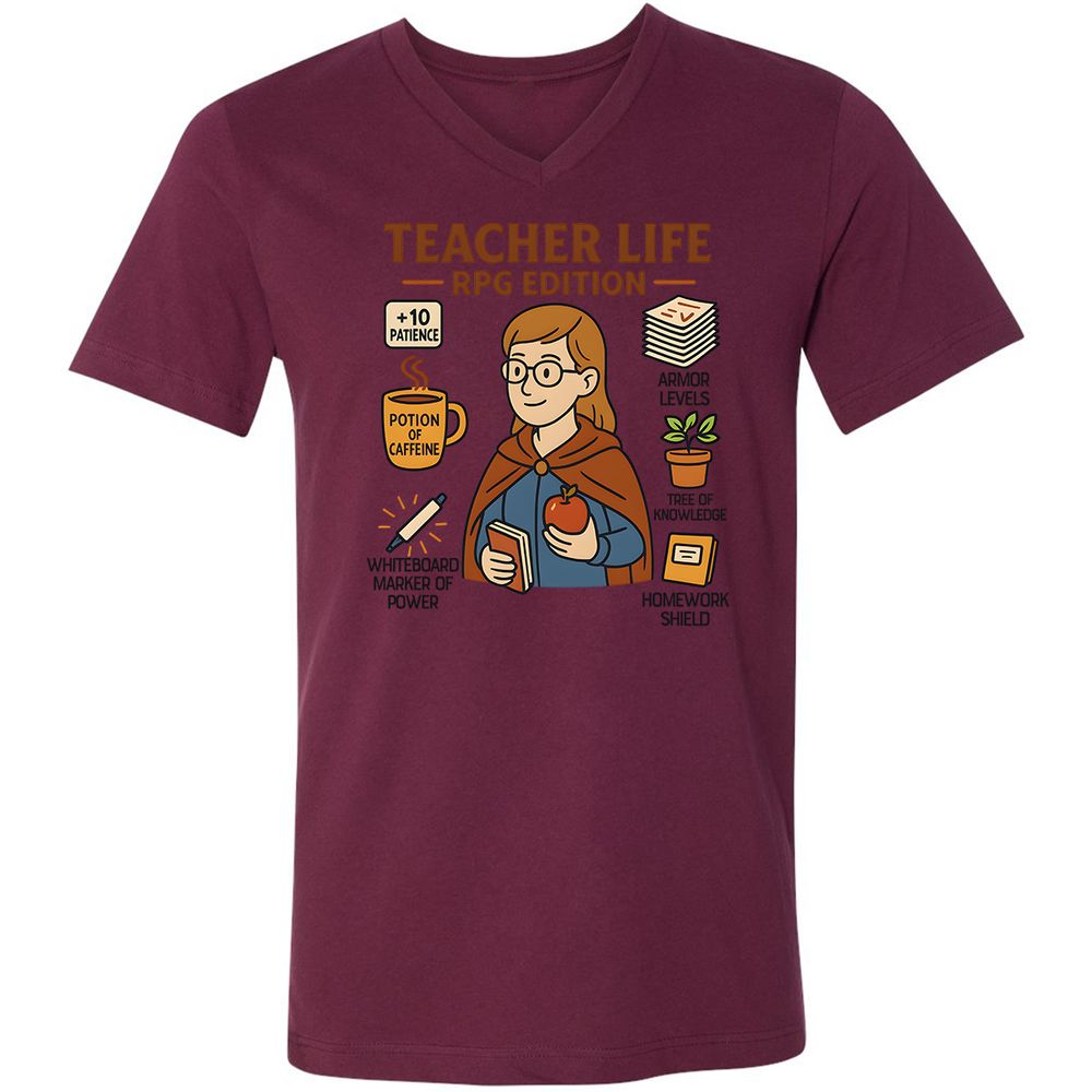 Teacher Life RPG Edition Unisex V-Neck T-Shirt - Maroon - 6