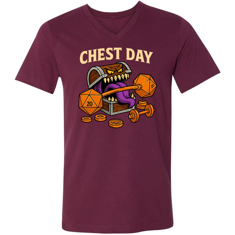 Chest Day Unisex V-Neck T-Shirt - Maroon - 6
