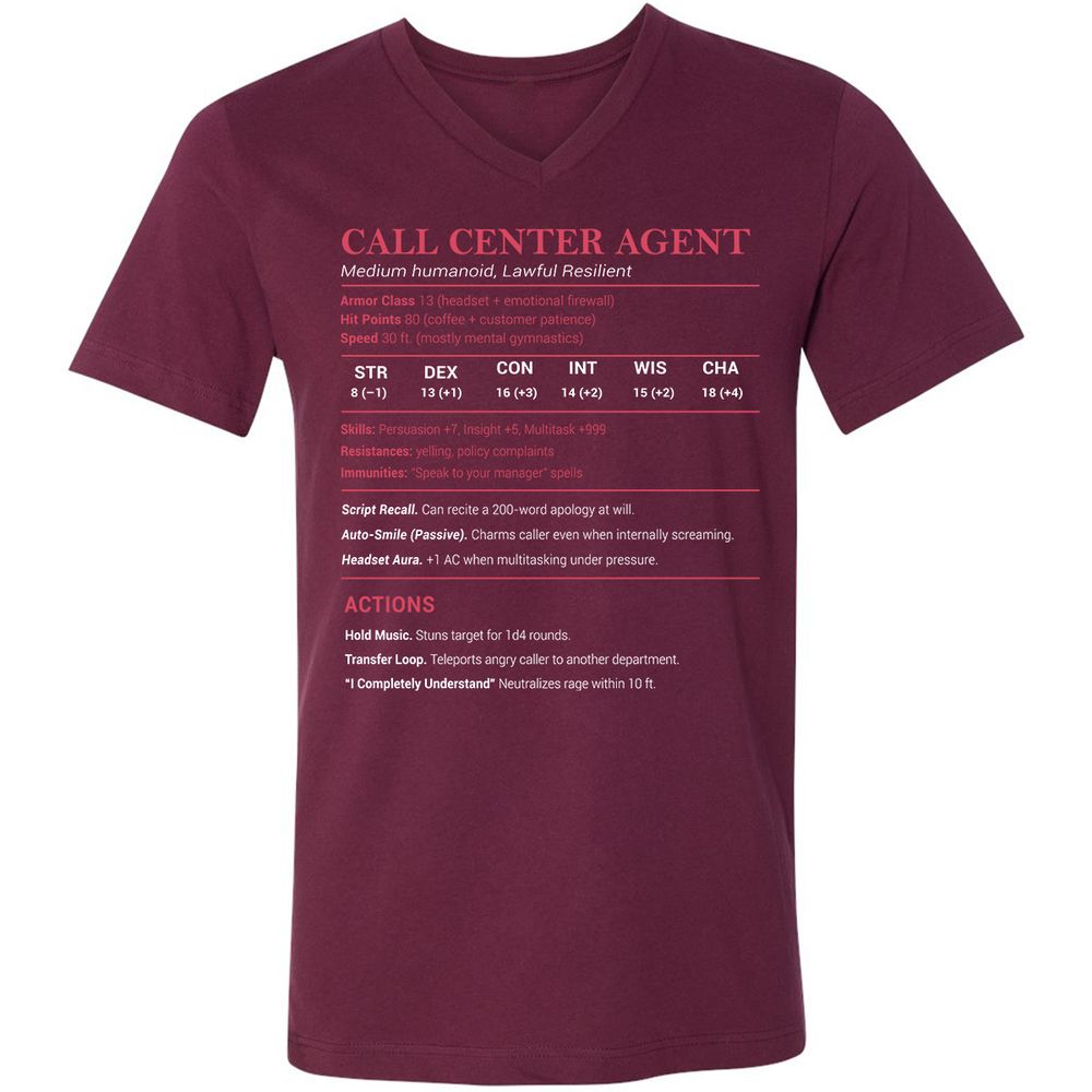 Call Center Agent Stats Unisex V-Neck T-Shirt - Maroon - 6
